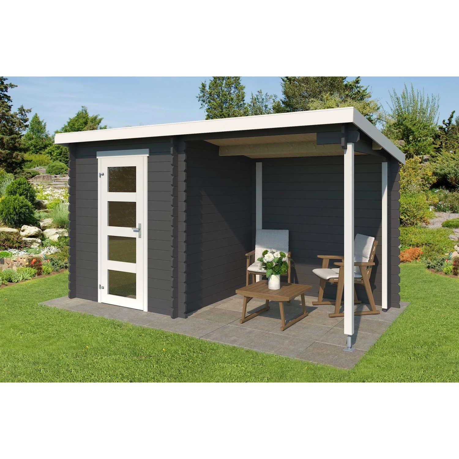 Lasita Holz-Gartenhaus Jelle Plus Flachdach Carbongrau Lasiert 370 cm x 175 cm