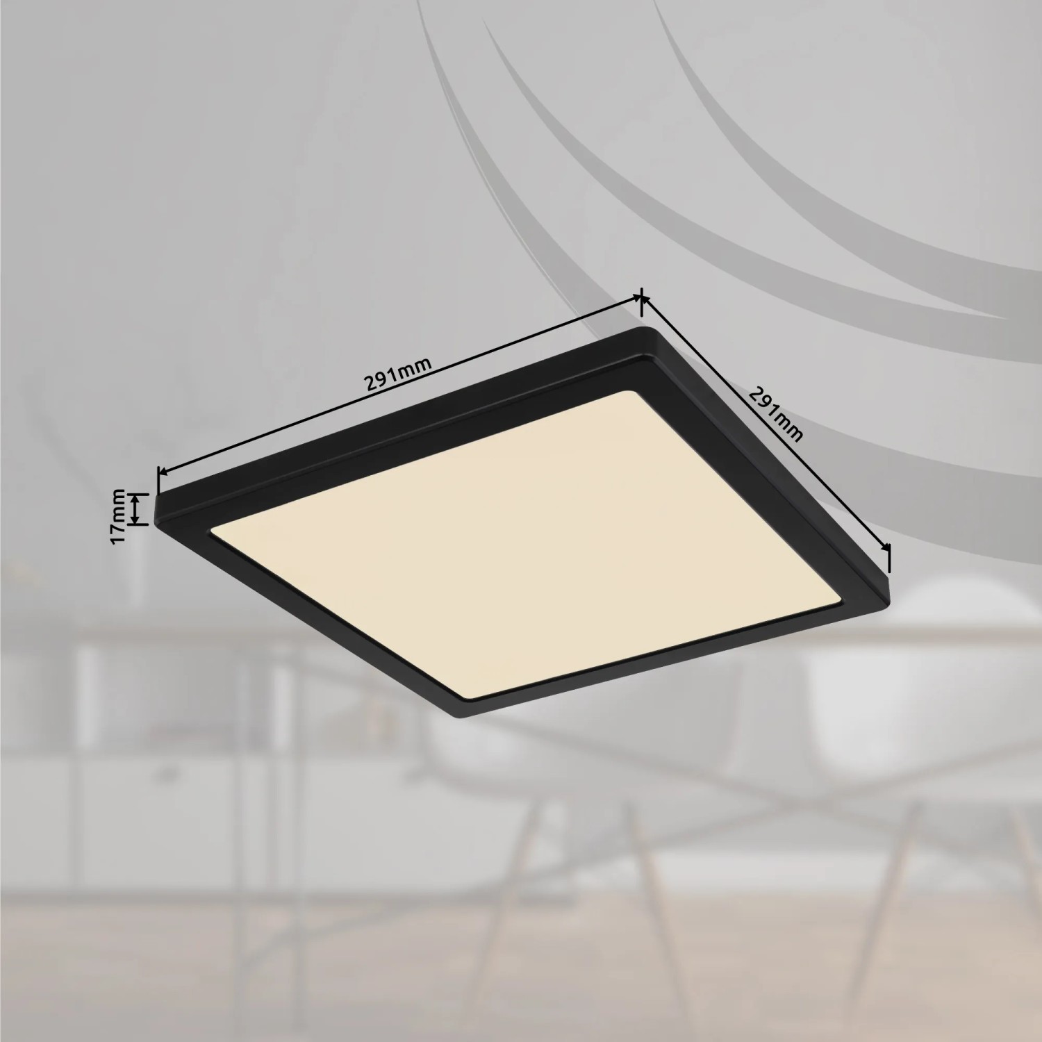 Schwarze, quadratische LED-Deckenleuchte Lasse, 291x291x17 mm, mit einstellbaren Weißtönen.