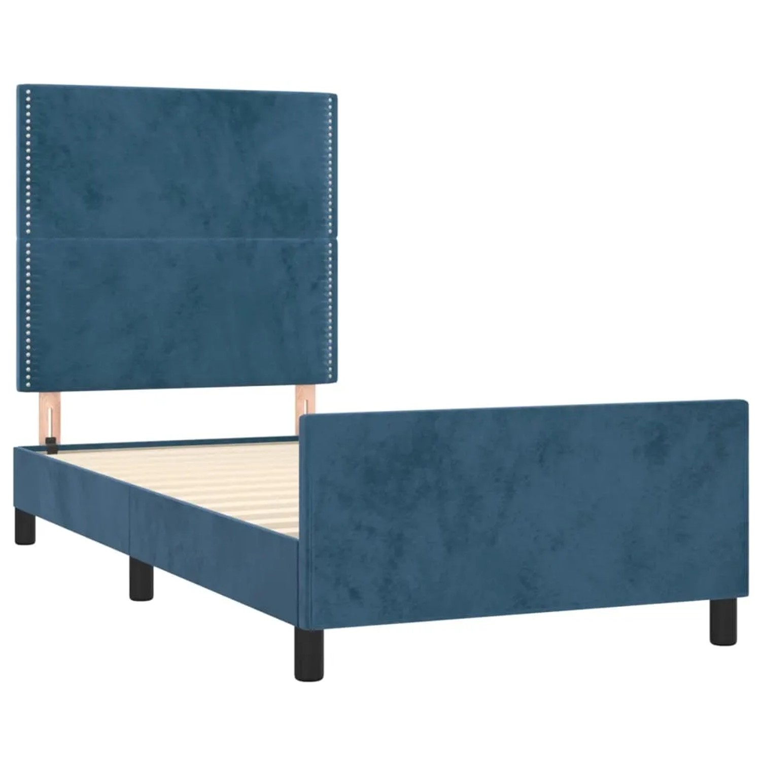 Dunkelblaues Samt-Bettgestell 90x200 cm mit Kopfteil für erholsamen Schlaf.