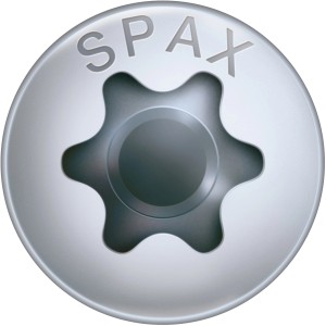 Detailaufnahme einer Spax Universalschraube 3,5 x 16 mm mit T-Star plus Antrieb.
