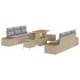 Beiges 9-teiliges Garten-Sofa-Set aus Poly Rattan mit Tisch und Kissen.