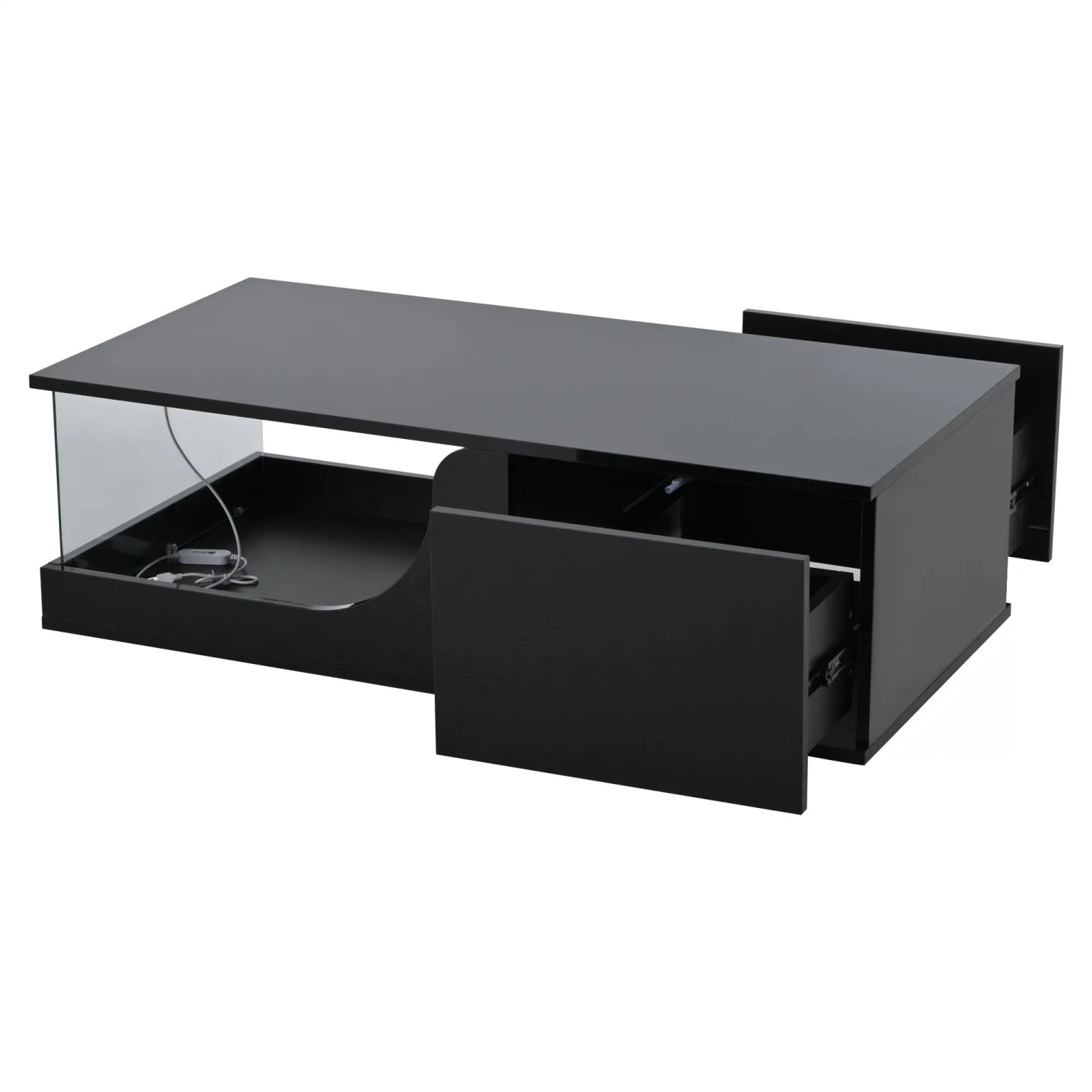 okwish Couchtisch mit 2 Schubladen Hochglanz LED MDF Glas 100x50x30cm Schwarz