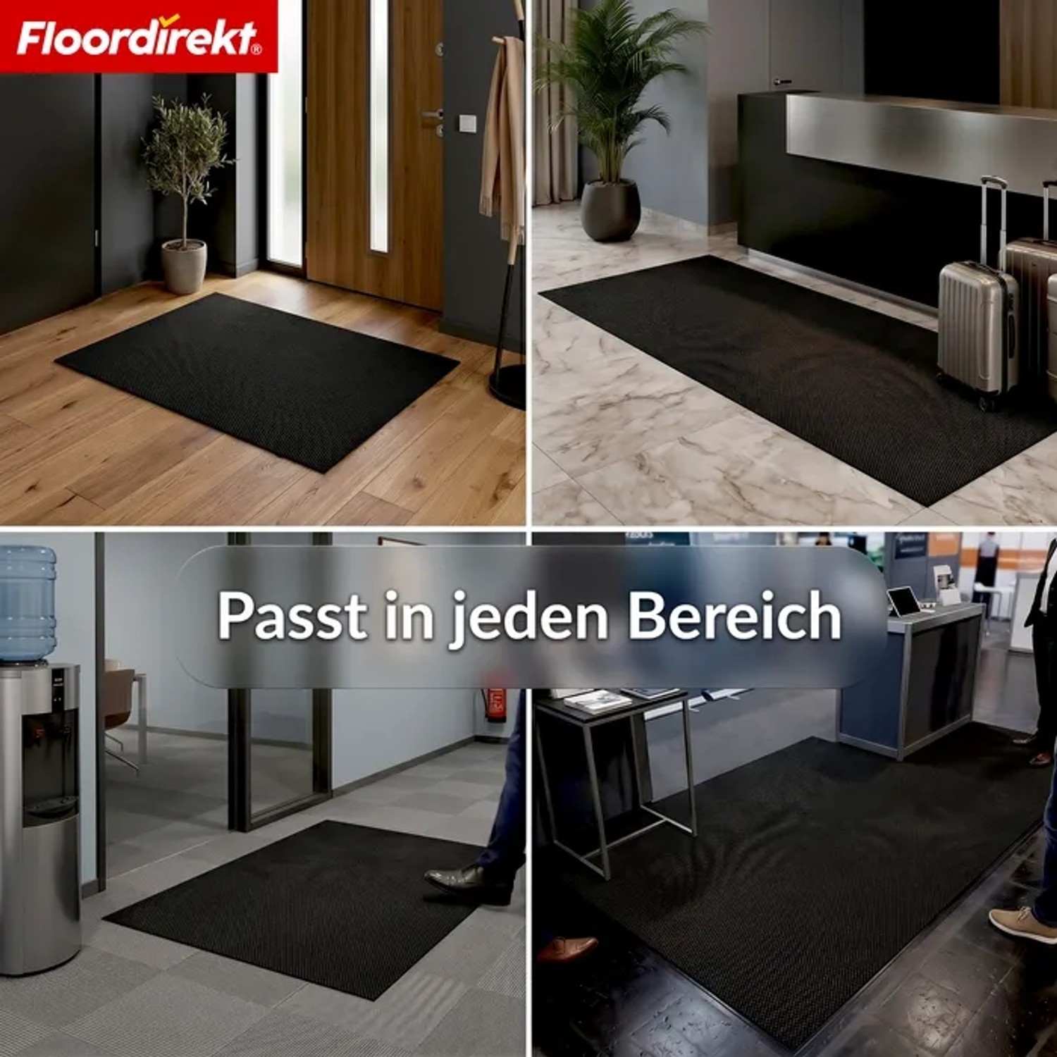 Schwarze Floordirekt Schmutzfangmatte Hong Kong PRO mit TPE-Rücken in verschiedenen Eingangsbereichen. Robust & rutschfest.