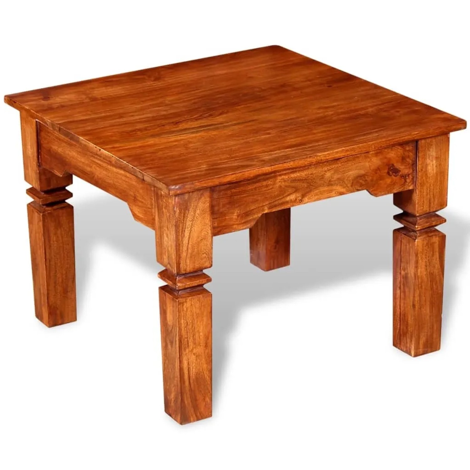 Quadratischer Couchtisch aus Akazienholz, honigfarben lasiert, 60x60x45 cm. Tisch für Wohnzimmer.