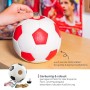 Hand steckt Münze in Fußball-Spardose Lederoptik, 15 cm Durchmesser. Robustes Geschenkartikel für Fußballfans.