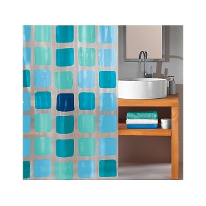 Blauer Kleine Wolke Duschvorhang Sonny mit bunten Quadraten, 180x200 cm.