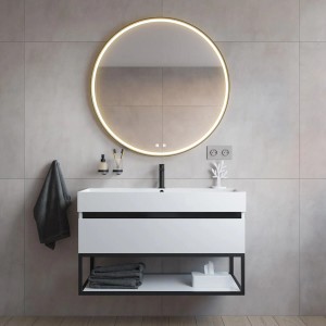 pianura Waschtischarmatur Giulia, schwarz matt, im modernen Bad mit rundem Spiegel.