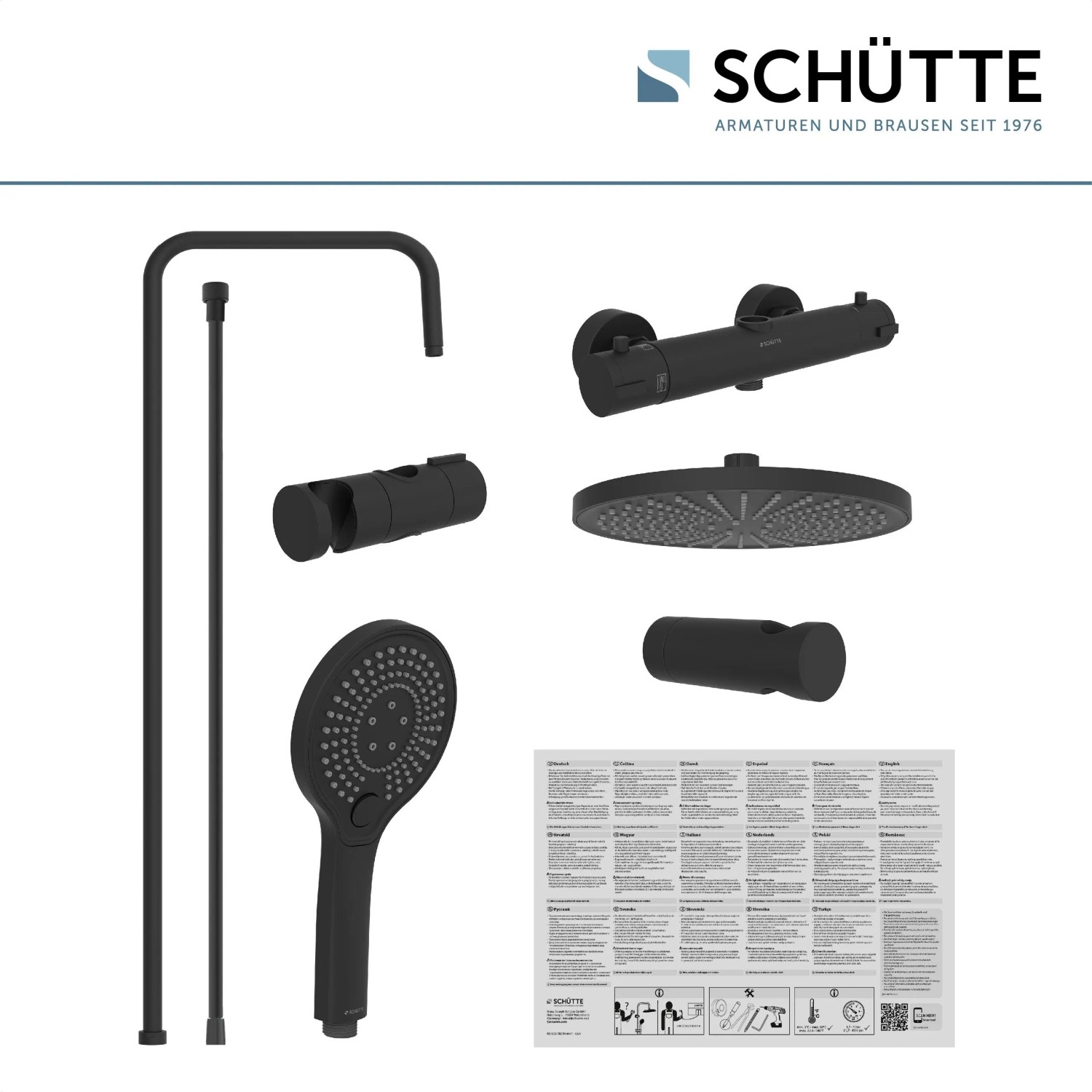 Schütte Adria Überkopf-Brauseset mit Thermostat, Schwarz Matt, Regendusche und Handbrause.