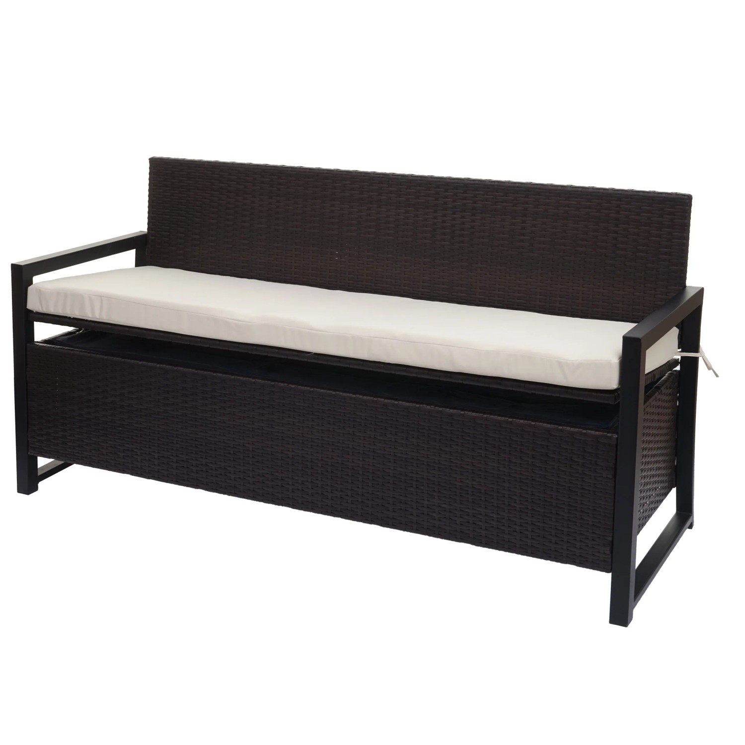 Braune Poly-Rattan Gartenbank mit Staufach und creme Kissen. 3er Sitzbank für Garten oder Terrasse.