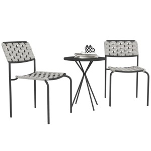 Graues 3-teiliges Polyrattan Gartenmöbel Set mit Tisch und zwei Stühlen für Terrasse oder Balkon.