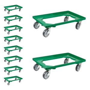 Sparset: 10 grüne Transportroller für Euroboxen (60x40 cm) mit Gummirädern, Traglast 300 kg.
