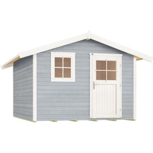 Graues Holz-Gartenhaus mit Satteldach, Fenster und Tür.