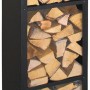 Lienbacher Holzregal aus schwarz beschichtetem Metall, gefüllt mit Holzscheiten.
