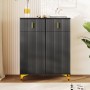 Schwarzer Sideboard Schuhschrank mit strukturierter Front, zwei Schubladen, zwei Türen und goldenen Griffen. Modern.