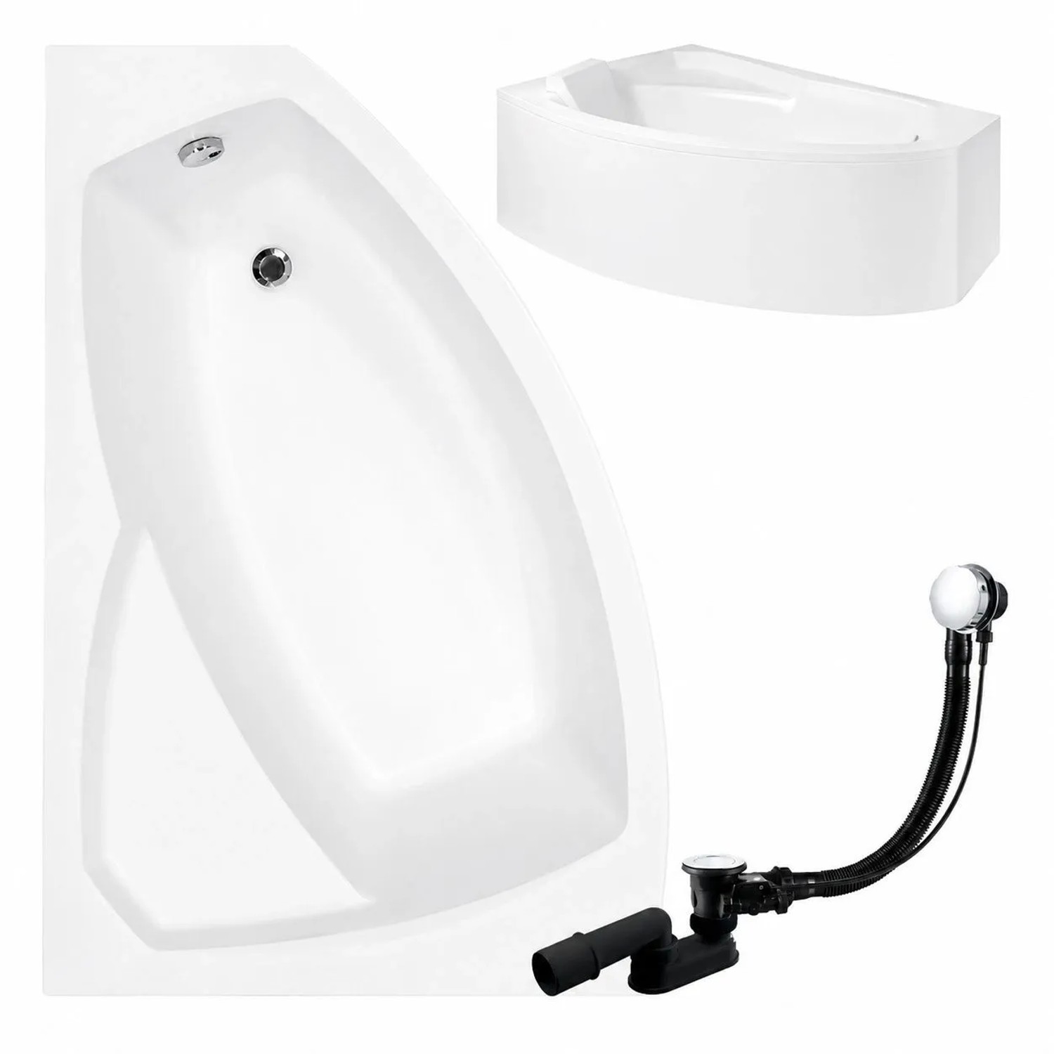 KOLMAN Badewanne Eckwanne 140 x 90 Cm Links Mit Acrylschürze Und Weißer Kopfstützen Inkl. Ablauf Und Füße