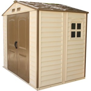 Duramax Kunststoff-Gartenhaus StoreAll, beige, 3,9 m² mit Doppeltür und Fenster.