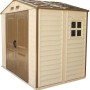 Duramax Kunststoff-Gartenhaus StoreAll, beige, 3,9 m² mit Doppeltür und Fenster.