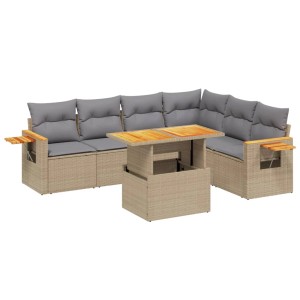 Beige 7-tlg. vidaXL Garten-Sofagarnitur aus Rattan mit Tisch und grauen Kissen.