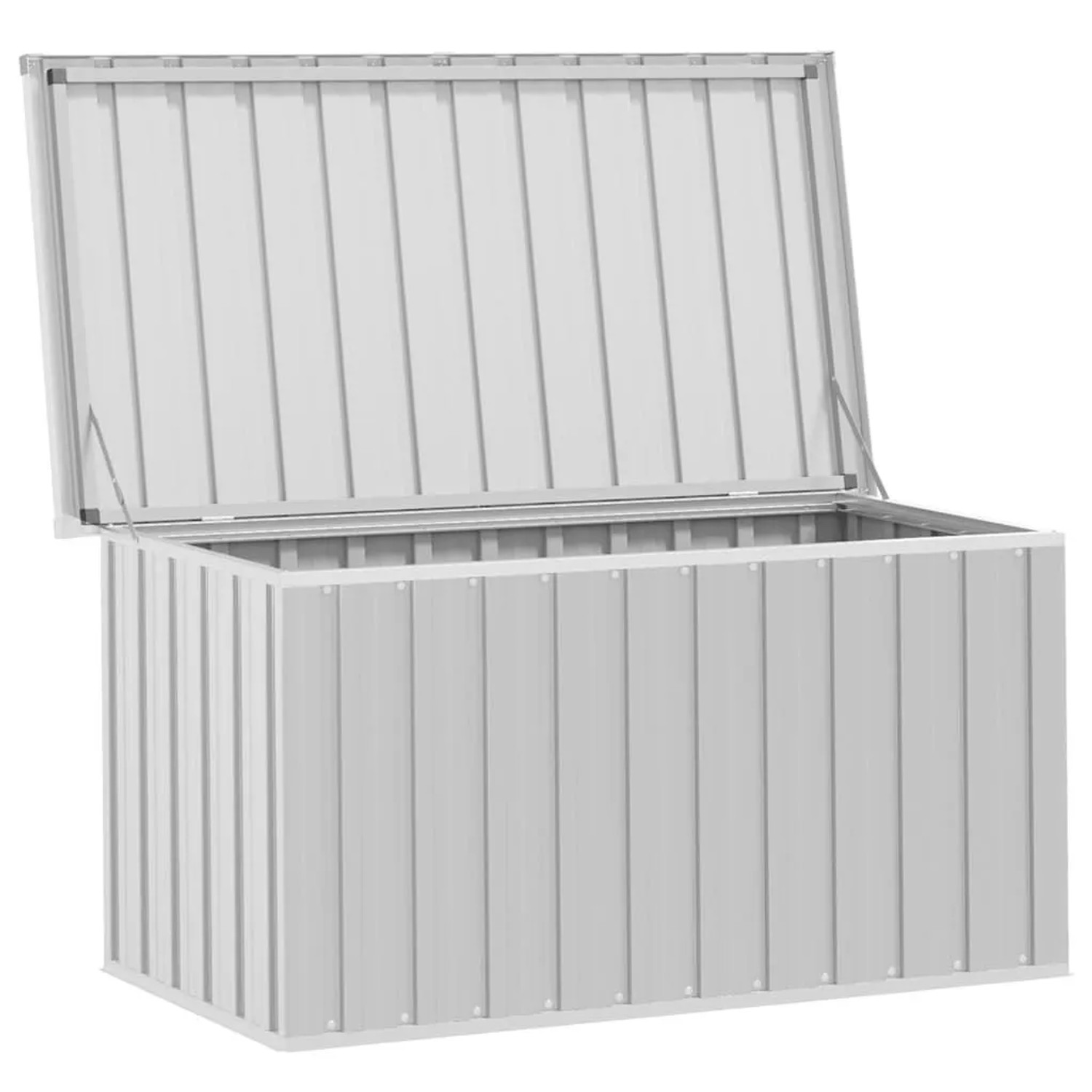 Geöffnete Furnicato Gartenbox, grau, 129x67x65 cm, aus verzinktem Stahl, zur Aufbewahrung im Garten.