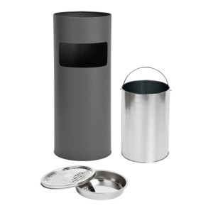 Grauer Svita Standaschenbecher mit Mülleimer, 30L, zerlegt. Zeigt zylindrisches Gehäuse, herausnehmbaren Inneneimer und Aschenbecher.