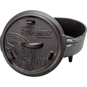 Schwarzer Petromax Dutch Oven FT3 mit Deckel und Füßen, 1,6 l. Ideal zum Kochen im Freien.