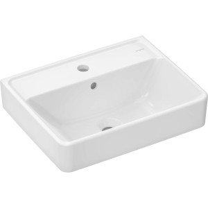 Weißes Hansgrohe Xanuia Q Handwaschbecken, 50x39 cm, mit Hahnloch und Überlauf.