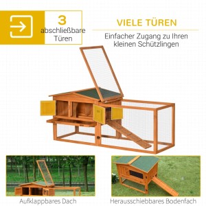 PawHut Kaninchenstall aus Tannenholz mit grünem Asphaltdach, Freigehege, offenen Türen und aufklappbarem Dach.
