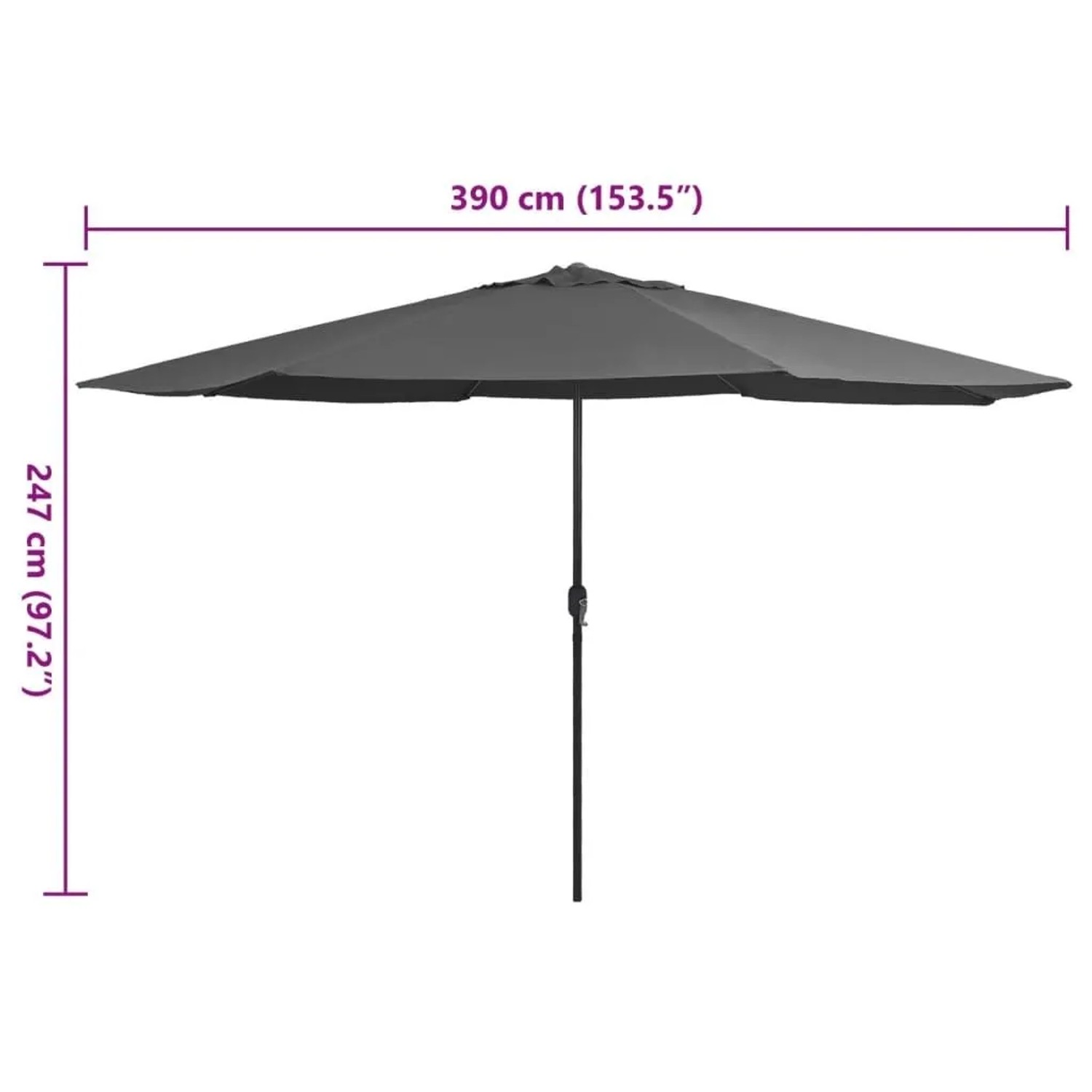 Großer anthrazitfarbener Sonnenschirm mit Metallmast, 390 cm Durchmesser, 247 cm hoch, Kurbelmechanismus.