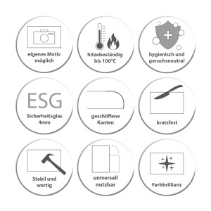 Symbole der Eigenschaften der Banjado Herdabdeckplatte aus Glas: Hitzebeständig, kratzfest, hygienisch, stabil.