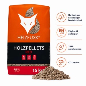 Orangefarbener Heizfuxx Holzpellets Red Sack, 15kg, mit Pellets. ENplus A1 zertifizierte Hartholz-Brennstoffe.