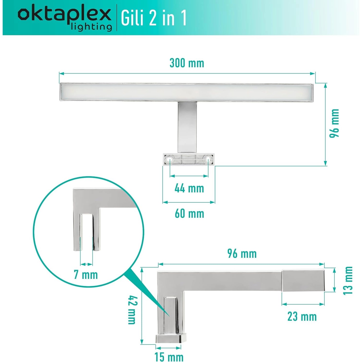 Oktaplex LED Spiegellampe 30cm, Chrom, Kaltweiß (6500K), Maße und Details.