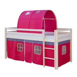 Weißes Kinderhochbett 90x200 mit pinkem Stofftunnel, Vorhang und Leiter. Ideal als Abenteuerbett.