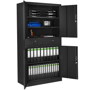 Schwarzer Tectake Aktenschrank aus Stahl mit 4 Türen, 2 Schubladen und Ordnern.