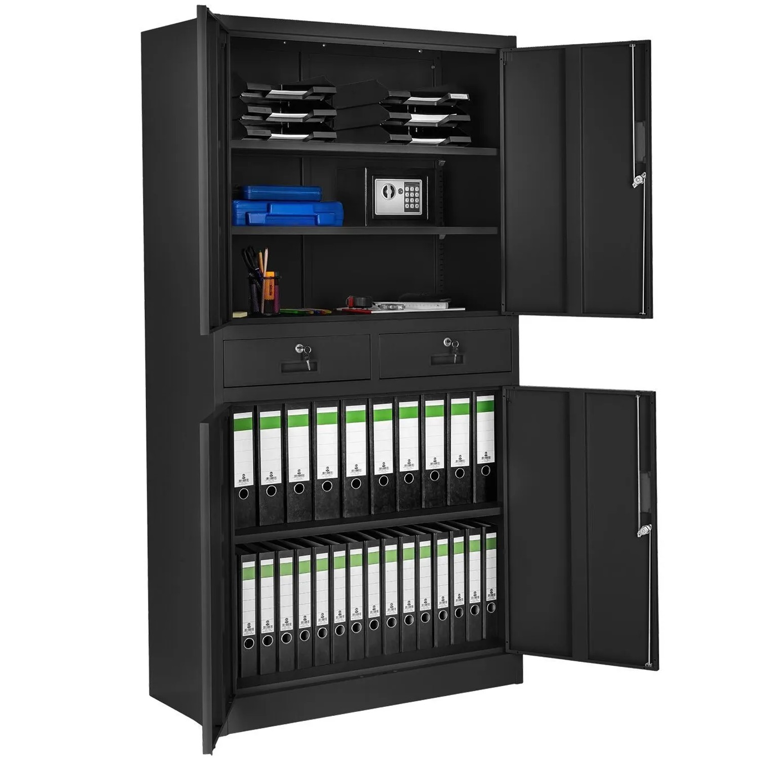Tectake Aktenschrank  Aus Pulverbeschichtetem Stahl Mit 4 Flügeltüren und 2 Schubfächern  80 x 40 x 180 cm Schwarz Schwarz