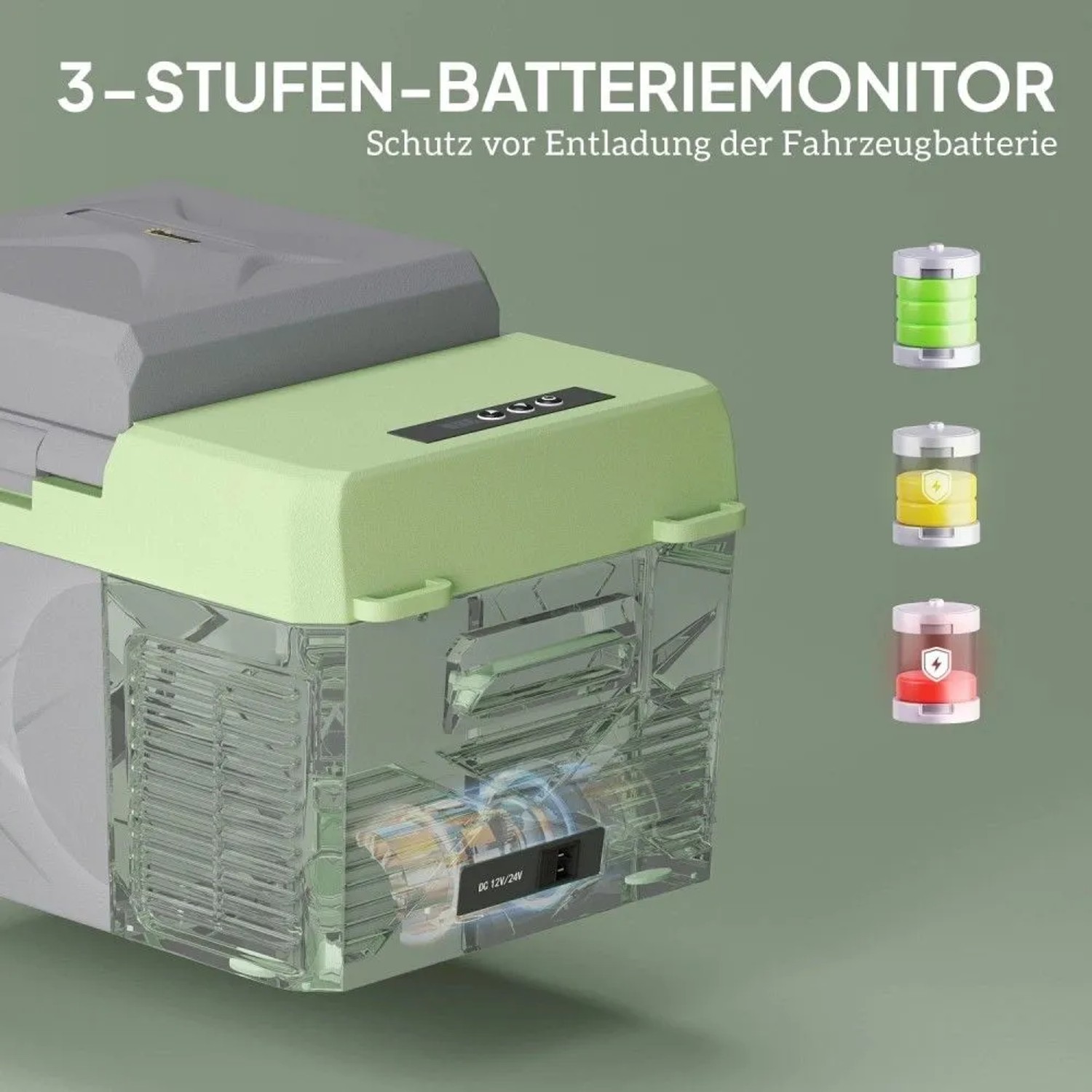 Outsunny Kühlbox mit 3-Stufen-Batteriemonitor. Grüne und graue Auto-Kühlbox schützt Fahrzeugbatterie vor Entladung.