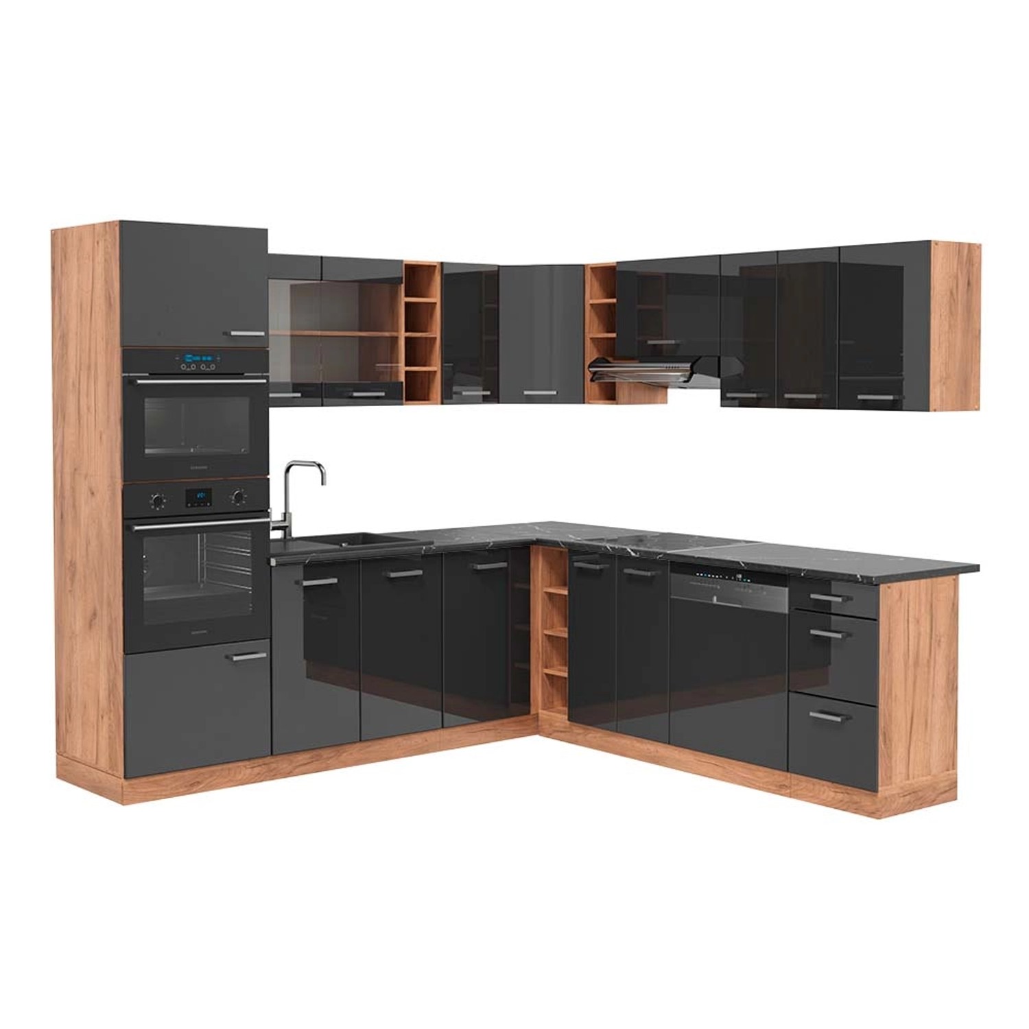 Vicco R-Line Eckküche Anthrazit Hochglanz/Goldkraft Eiche 237 x 247 cm AP A günstig online kaufen