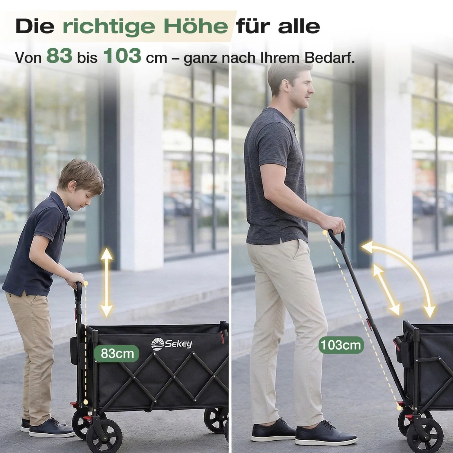 Sekey Bollerwagen, schwarz, mit Kind (83cm Griffhöhe) und Erwachsenem (103cm Griffhöhe) für Camping.