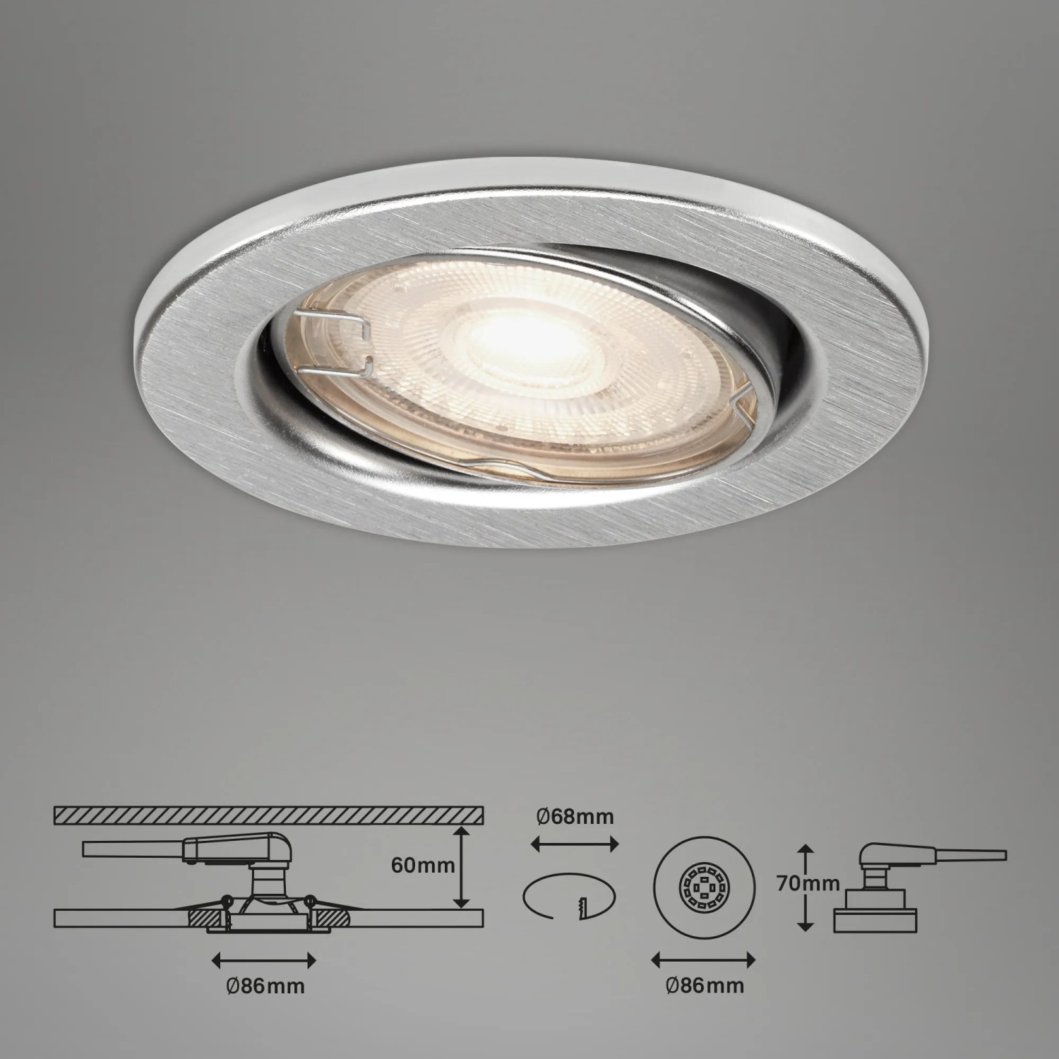 Briloner LED-Einbaustrahler in Aluminiumoptik, runder Spot für Innenräume, mit Maßangaben.
