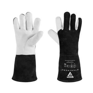 STAHLWERK Schweißerhandschuhe XL aus schwarz-weißem Echtleder. Robuste Hitzeschutzhandschuhe für sicheres Schweißen.