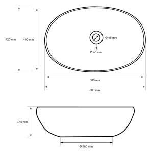 Technische Zeichnung: ECD Germany Design Handwaschbecken, 600x420x145mm, mit Maßangaben.