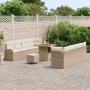 Beiges vidaXL Gartenmöbel Set: Sofa, Tisch und Hocker aus Polyrattan mit Kissen.
