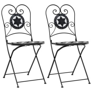 Zwei klappbare Bistrostühle in Schwarz und Weiß mit Keramikmosaik für Garten oder Balkon.