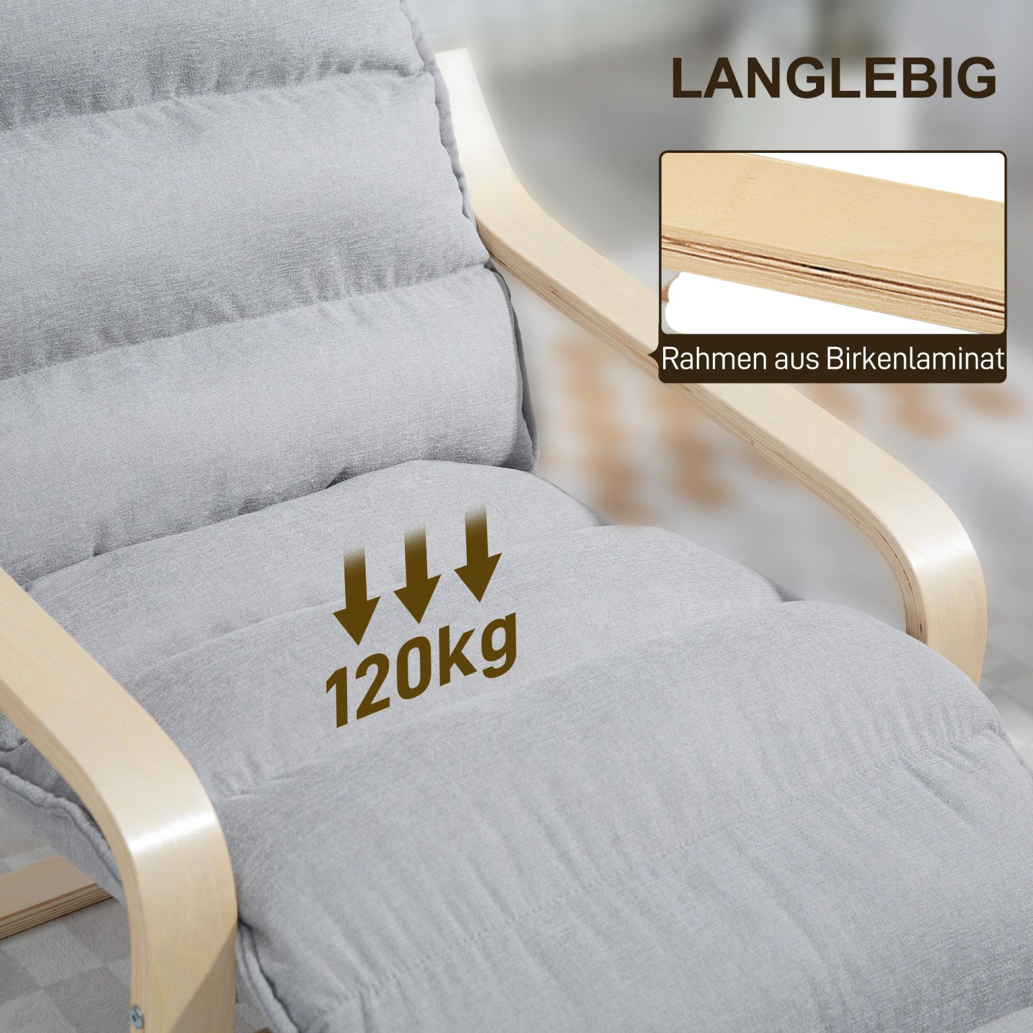 Detailansicht: Hellgrauer Relaxsessel/Loungesessel mit Birkenholzrahmen und Polsterung, Belastbarkeit 120 kg.
