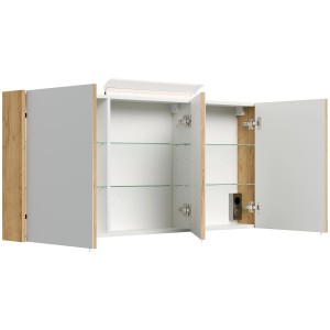 Posseik Spiegelschrank 140 cm Eiche Gold mit LED-Lampe und Glasböden, teilweise geöffnet.