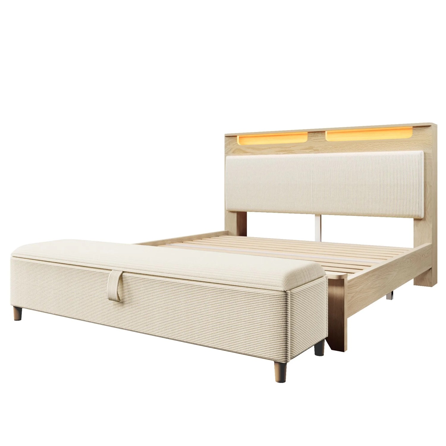 okwish Polsterbett 160x200cm mit Bettbank Stauraum LED Beleuchtung Schlafzimmer Eiche ohne Matratze