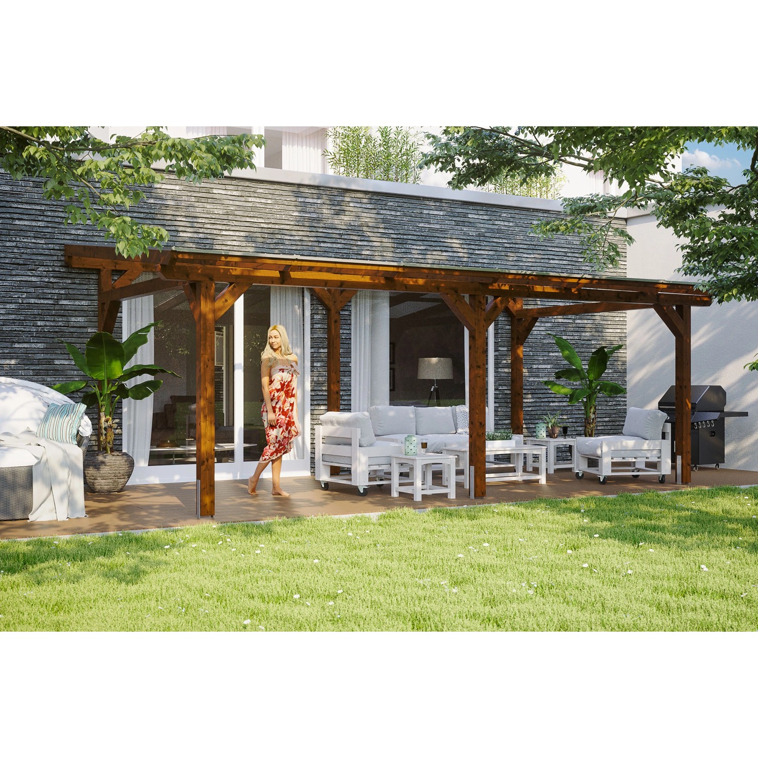 Skan Holz Terrassenüberdachung Siena 648 x 400 cm Leimholz Nussbaum