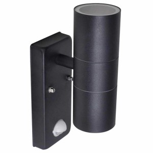 Schwarze LED-Wandleuchte in Zylinderform mit Sensor aus Edelstahl für den Außenbereich.