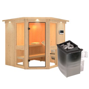 Karibu Sauna Anina 2 mit Ofen, naturbelassen. Massivholzsauna mit Glastür und Kranz.
