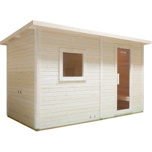 Home Deluxe Saunahaus Talo XL aus Fichte mit Glasfront und 8 kW Ofen.