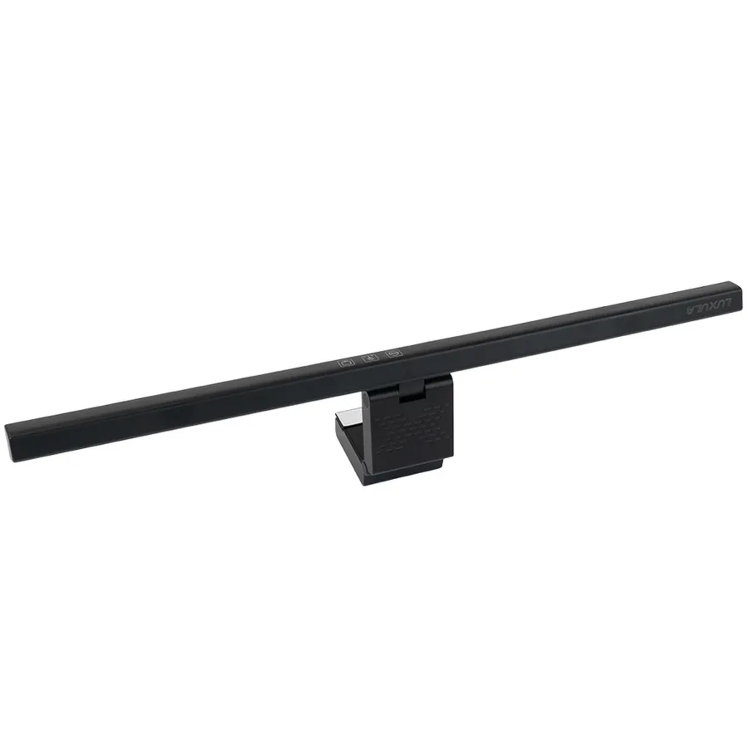 Schwarze LUXULA Monitorleuchte mit Dimmfunktion und Klemme für blendfreies Licht am Bildschirm.